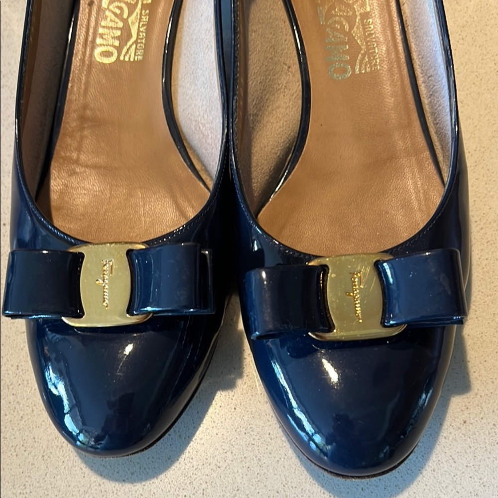 Salvatore Ferragamo Blue Flats with Gold Detail